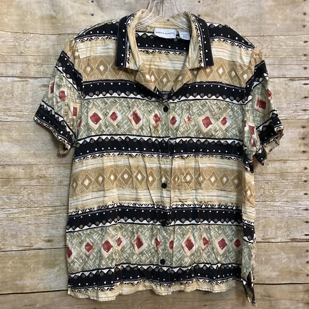 Alfred Dunner Size 14 Button Up Blouse Multicolor Geometric Print Short Sleeve